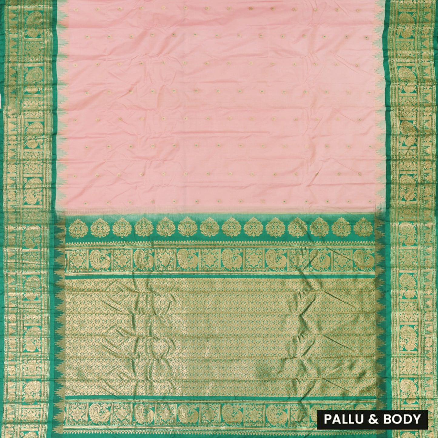 Peach with Green Gadwal silk saree