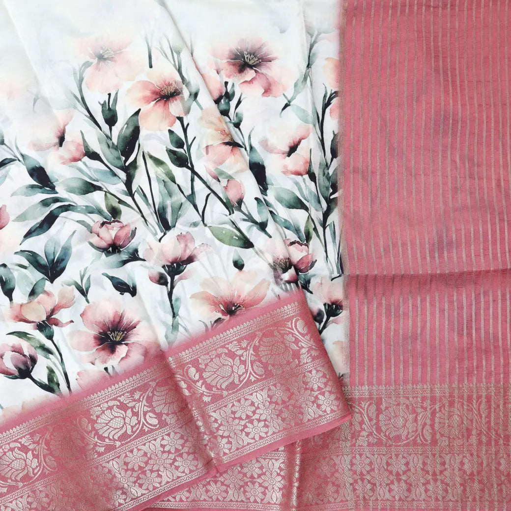 White with Light Dusty Rose Pink Floral  Design Dola Silk Saree