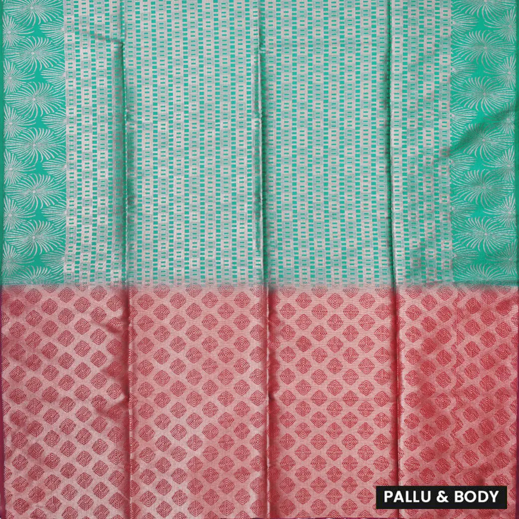 Green with Coral Red Soft Silk