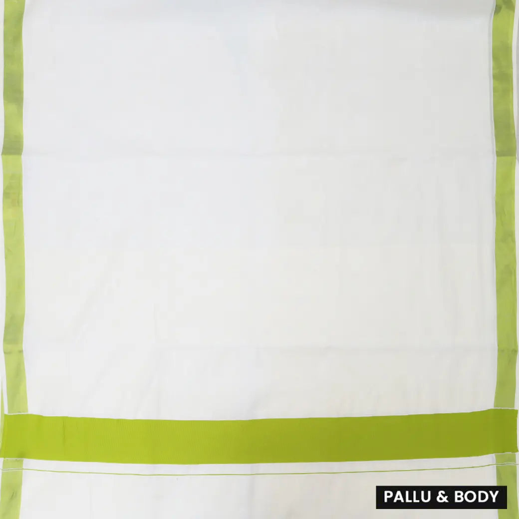 Southloom Exclusive Onam Kerala Traditional  green Border off white  Cotton Saree (Matching Plain Blouse Included)