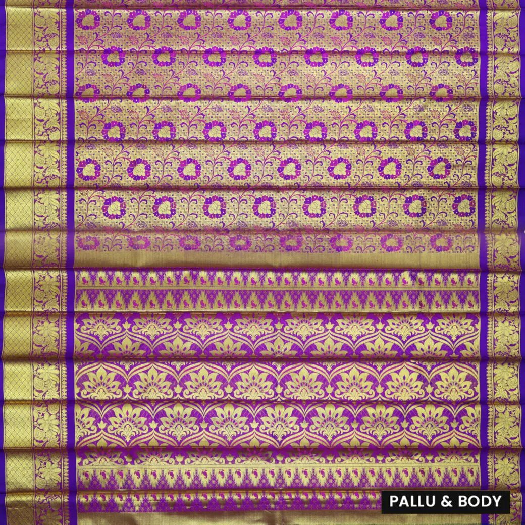 Gold with Purple Border Pure Thirupuvanam Wedding silk saree - Thenianantham