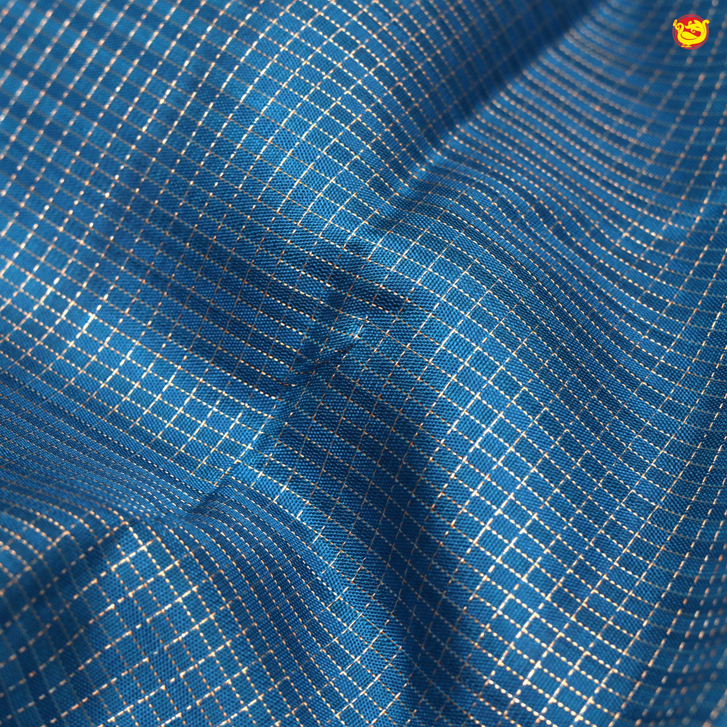 Cobalt Blue With Checked Motifs and Stripes Border Copper Zari Yuvana Pure Soft Silk Saree