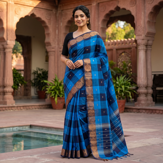 Sky Blue With Navy Blue Checked  Pure Cotton Saree