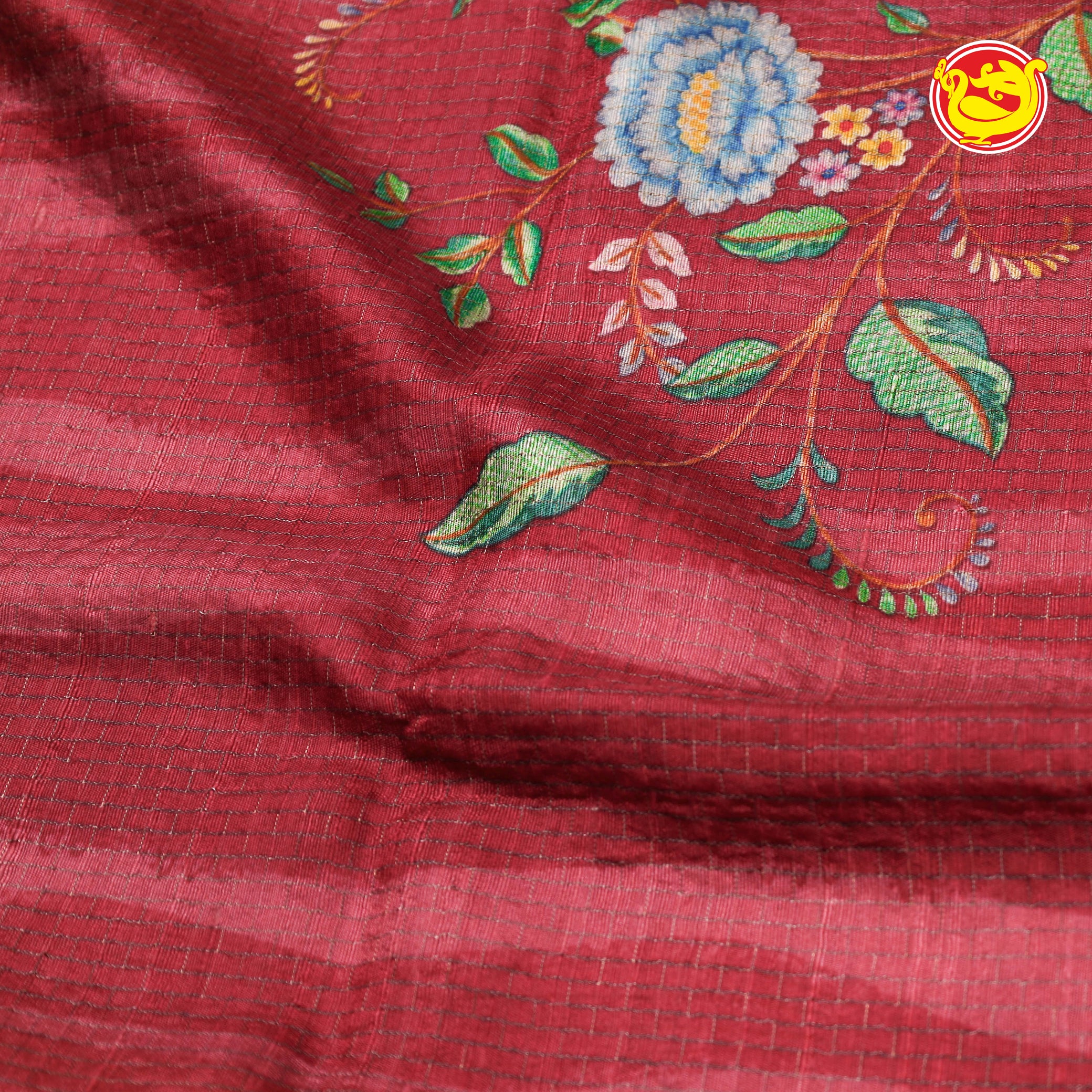 Beetroot pink pure tussar saree with digital prints and embroidery