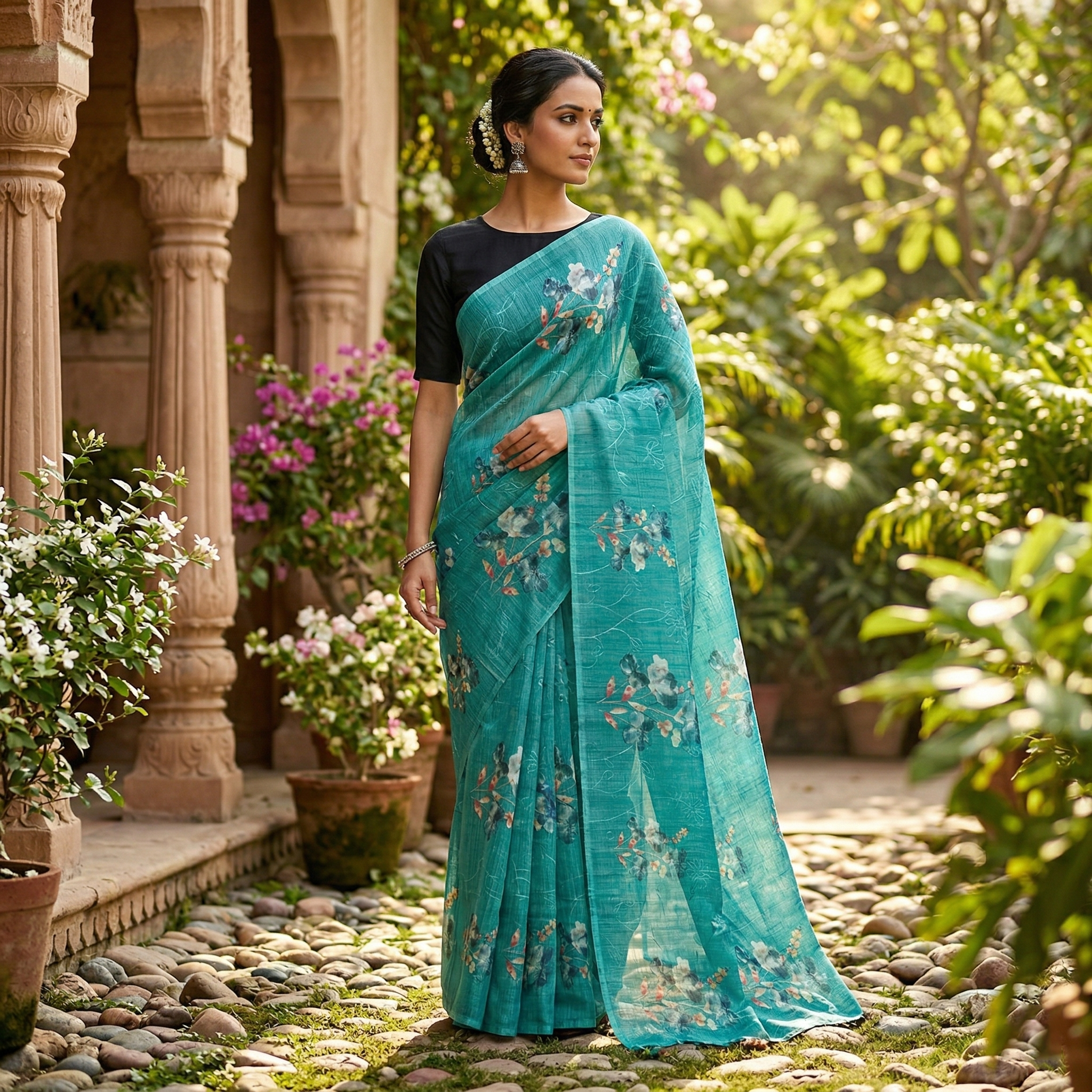 Teal Blue with Floral Design Trendy Tissue Fancy Saree