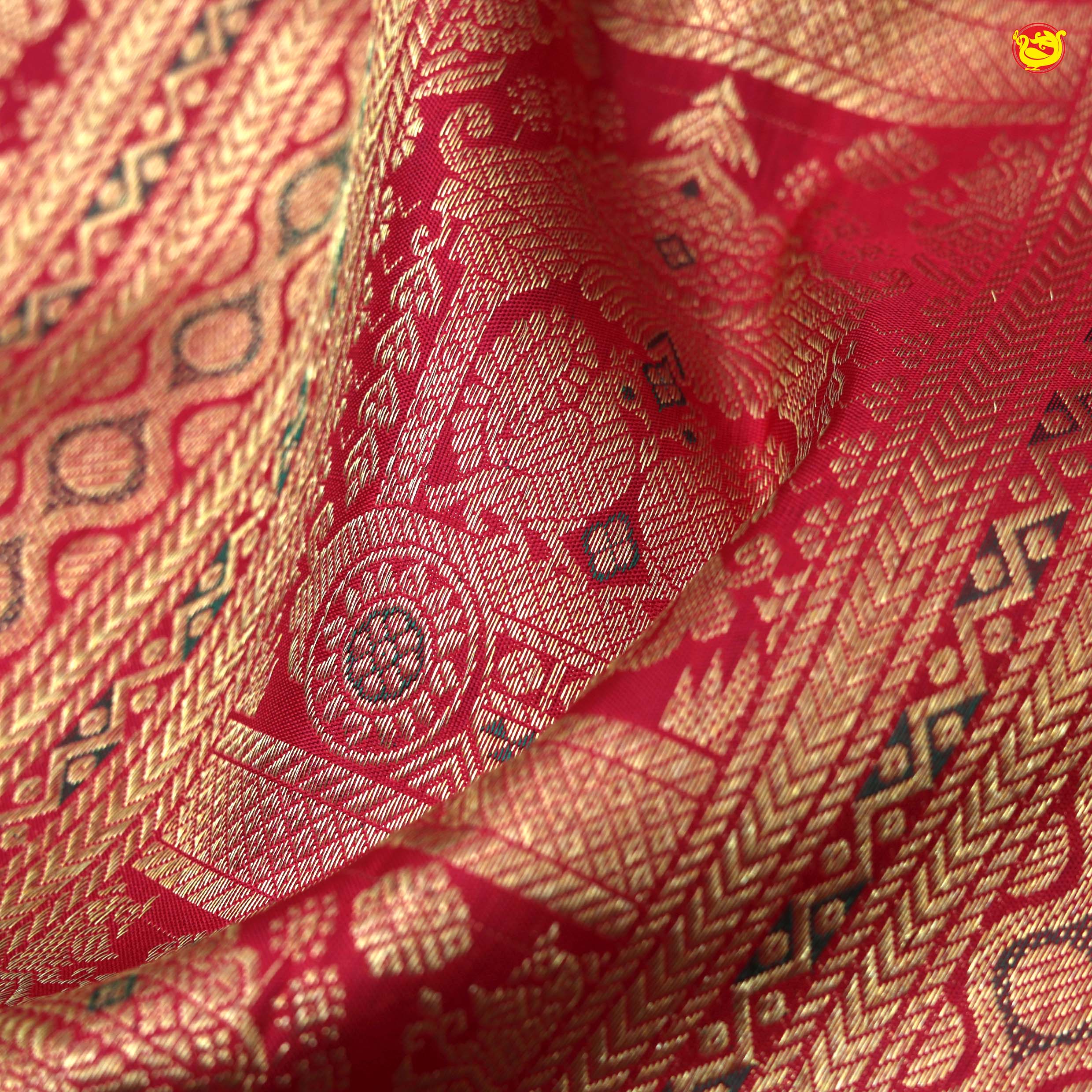 Crimson Red Jacquard Gold Zari Floral Design Pure Kanjivaram Subhalaya Wedding Silk Saree - Thenianantham