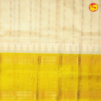 Half White and Mustard Yellow With Gold Zari Checked Floral Buttas Pure Silk Cotton Saree - Thenianantham