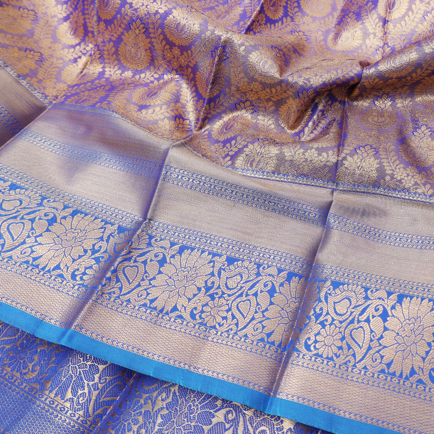 Purple With Blue Floral Design Tissue Silk Saree