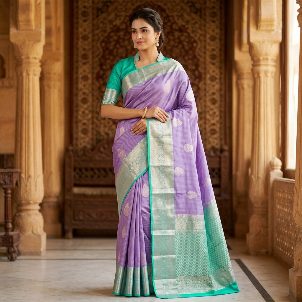 Lavender with Sea Green Vairasoosi Soft Silk Saree