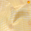 Half White and Mustard Yellow With Gold Zari Checked Floral Buttas Pure Silk Cotton Saree - Thenianantham