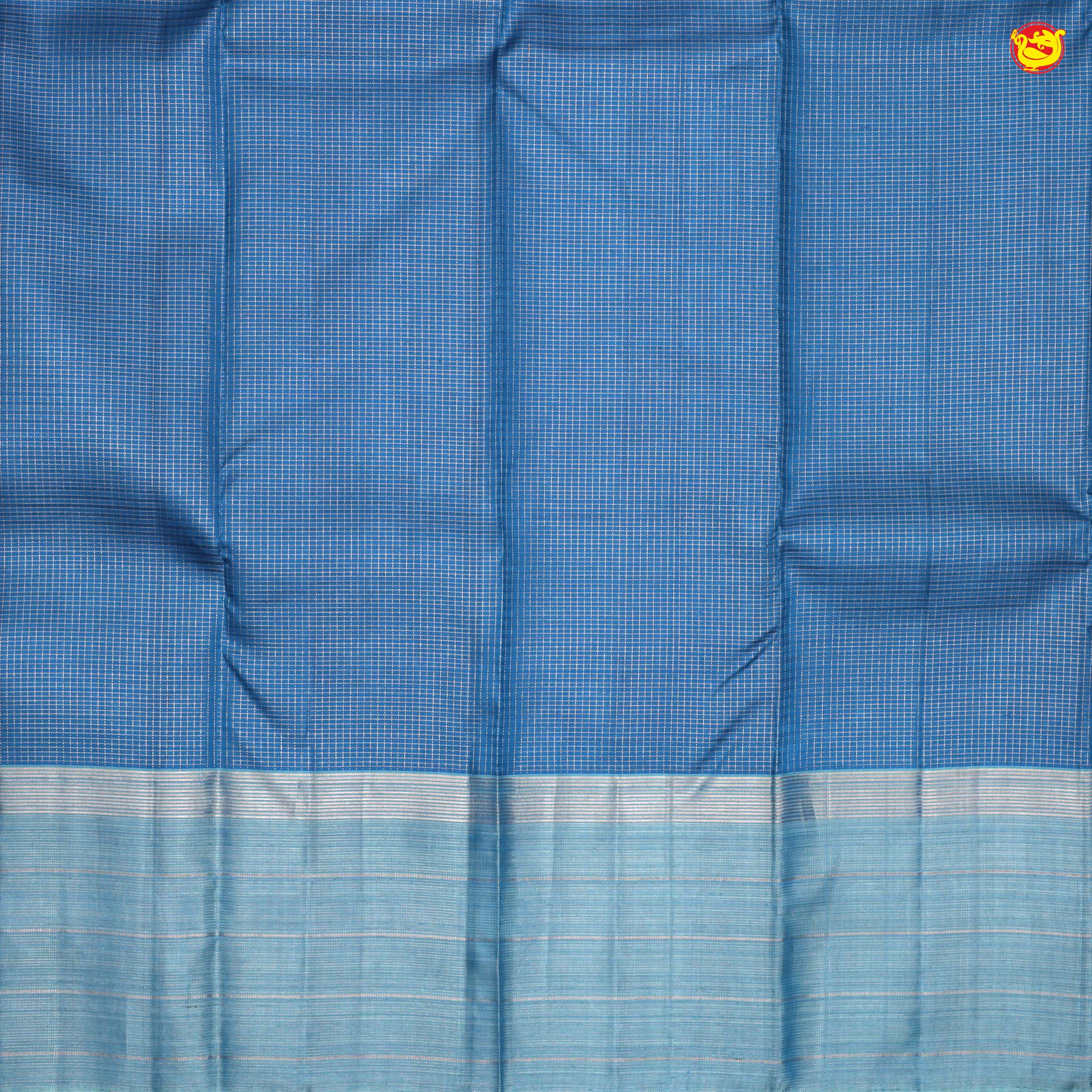 Cobalt Blue With Checked Motifs and Stripes Border Copper Zari Yuvana Pure Soft Silk Saree