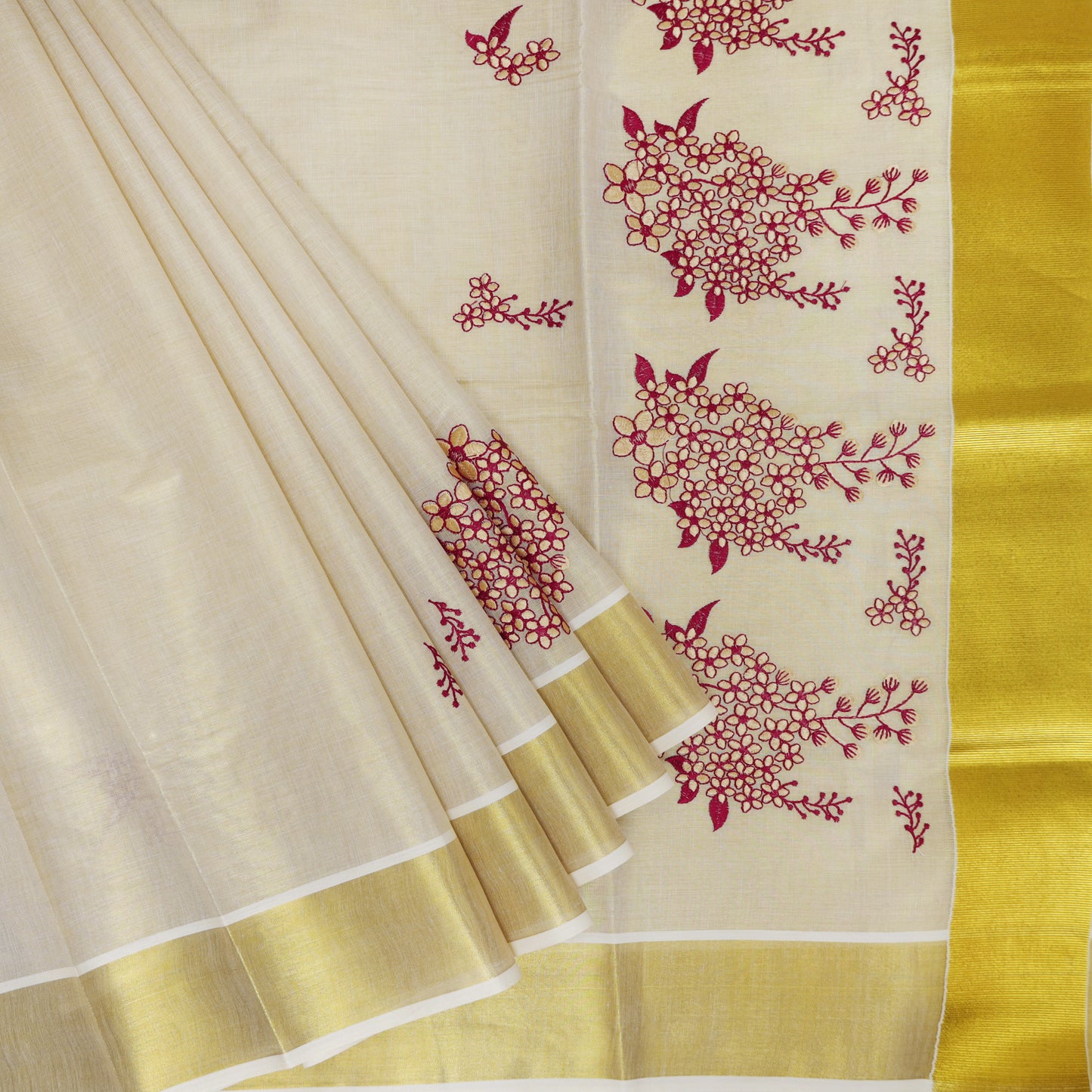 Off White With Gold Floral Embroidery  traditional kerala onam saree