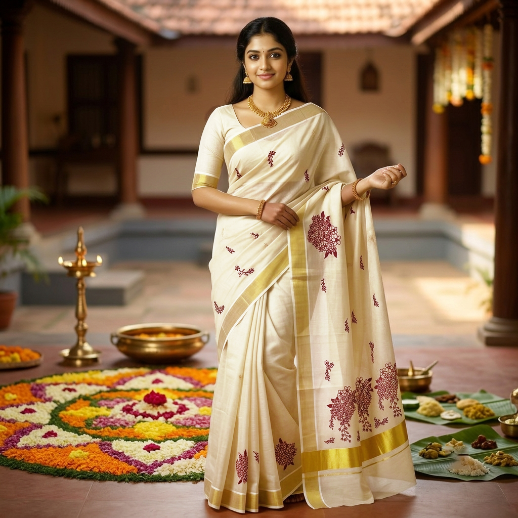 Off White With Gold Floral Embroidery  traditional kerala onam saree