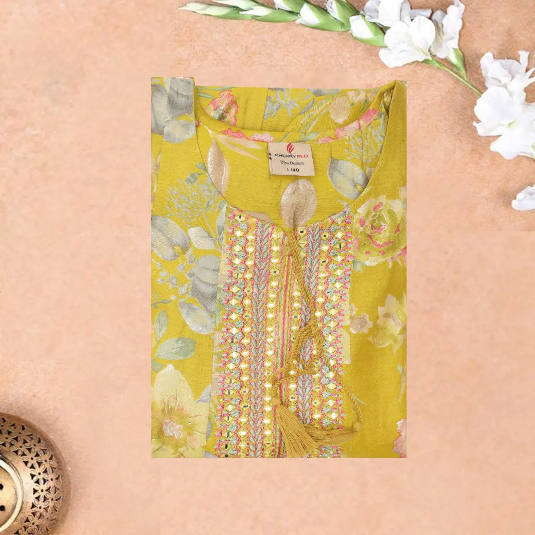 Yellow Printed Ladies Branded Readymade Long Top