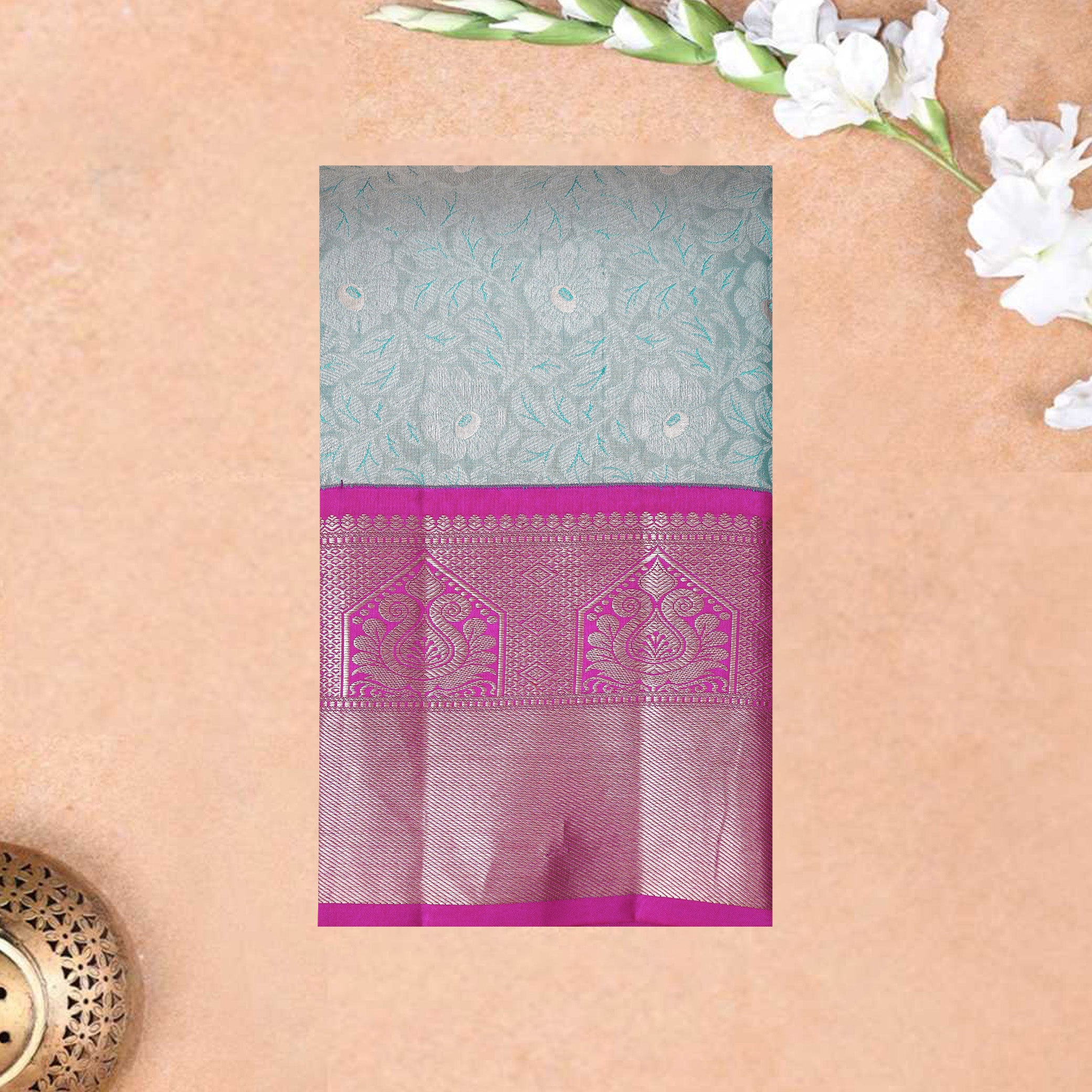 Sea-Green With Pink  Golden Zari Border Wedding Silk Saree