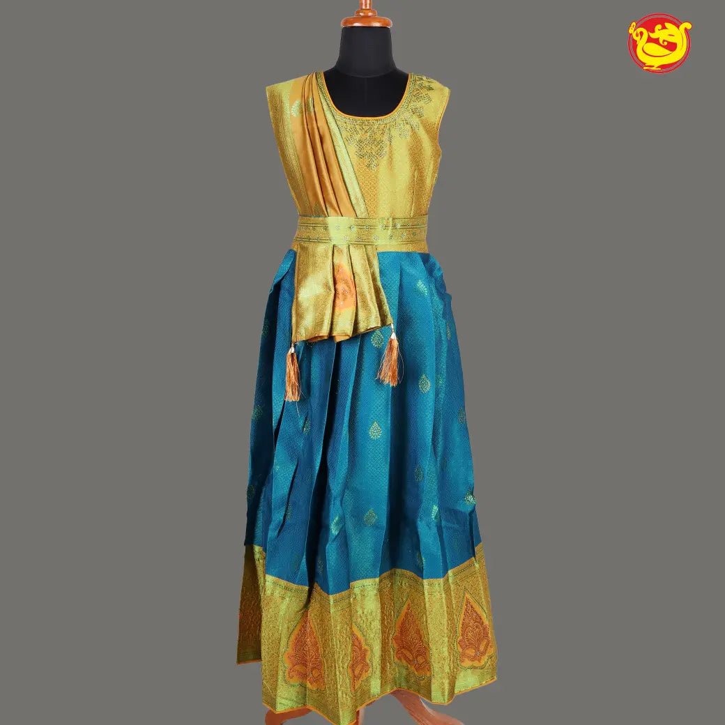 Blue with yellow Girls & Women Branded Readymade Pattu Gown