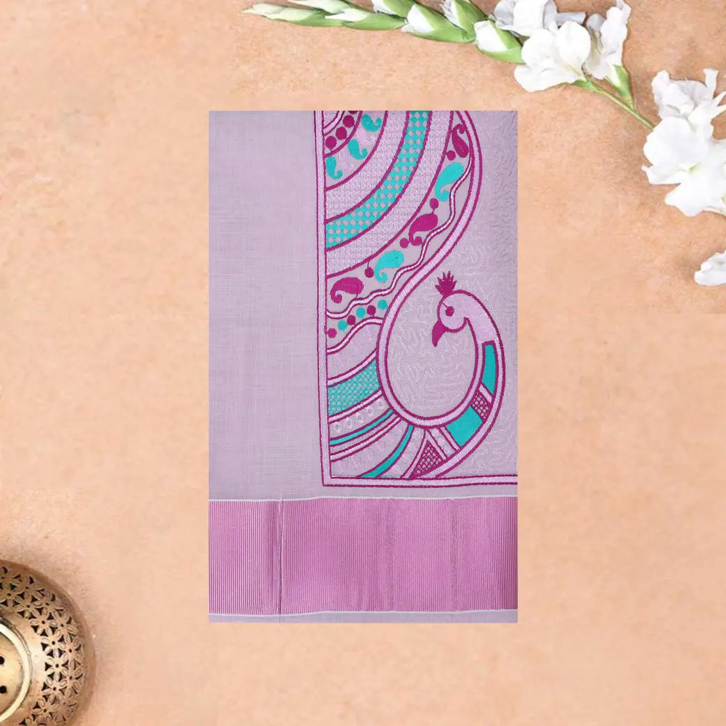 Southloom Exclusive Onam Kerala Traditional Fancy Border Floral Peacock design Cotton Saree (Matching Plain Blouse Included)