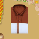 Rust Brown With White Readymade Shirt And Matching Border Dhoti Set for Men