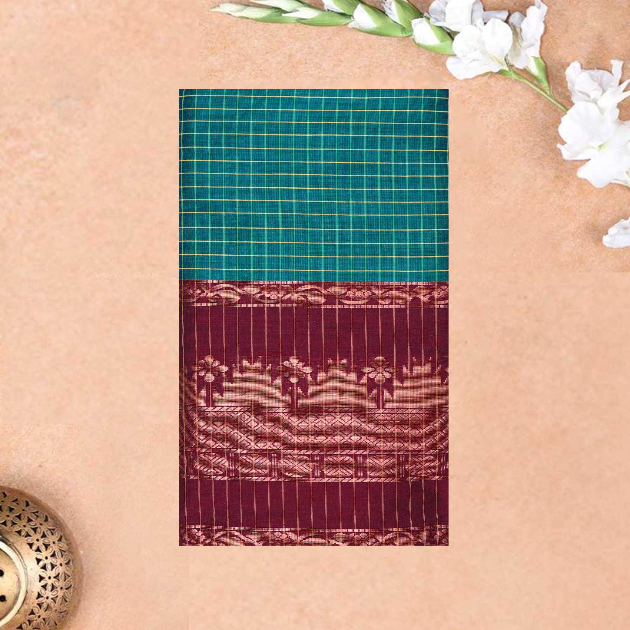 Teal Green With Maroon Premium Quality Kalyani Cotton Saree