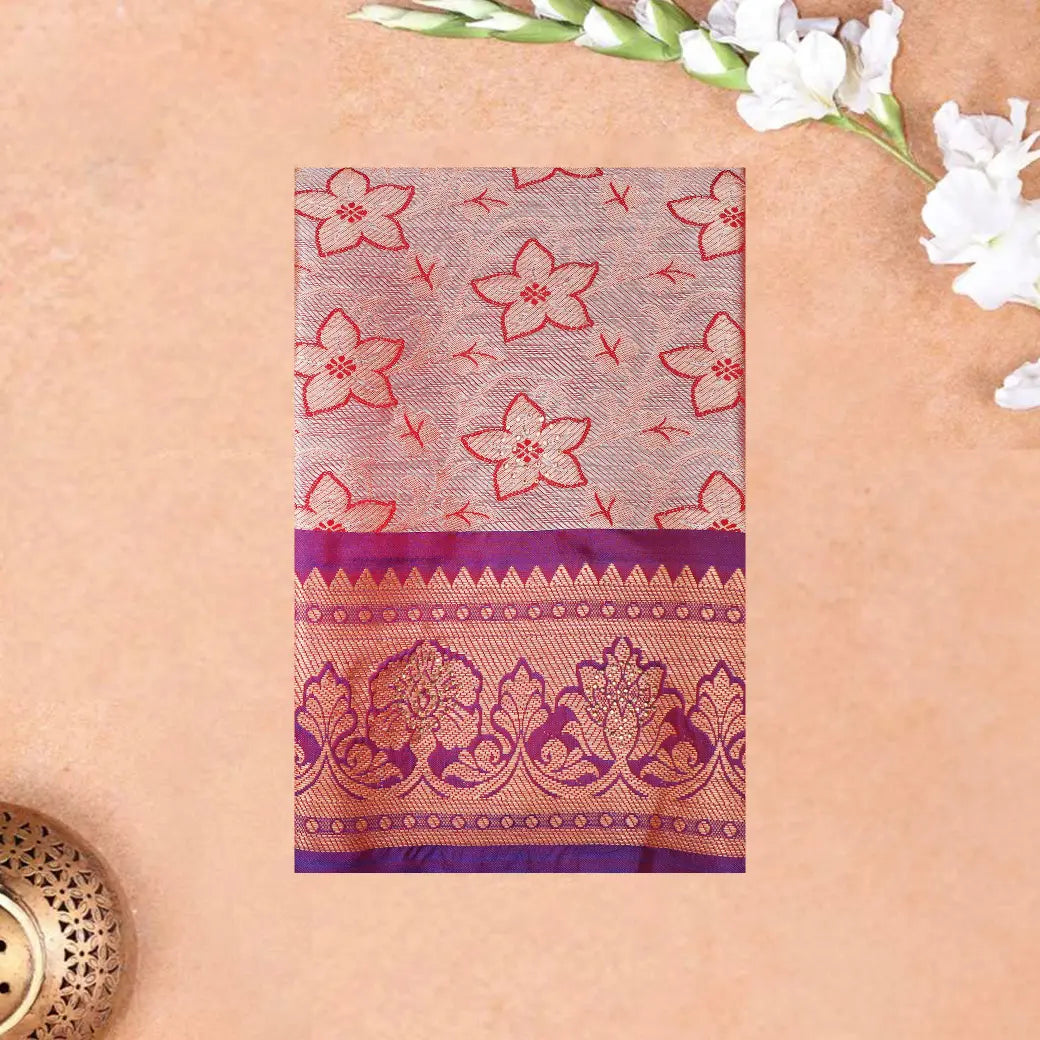 Peach Pink With Purple Border Floral Design Traditional  Pattu Pavadai Material