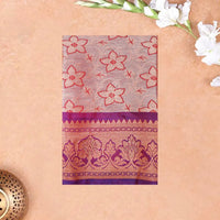 Peach Pink With Purple Border Floral Design Traditional  Pattu Pavadai Material
