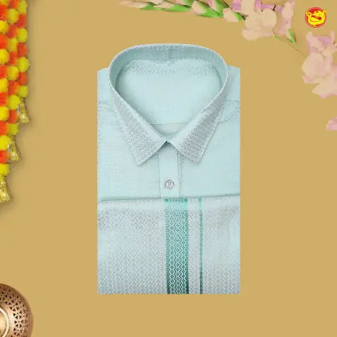 Sea Green Colour Readymade Shirt And Matching Border Dhoti Set for Men