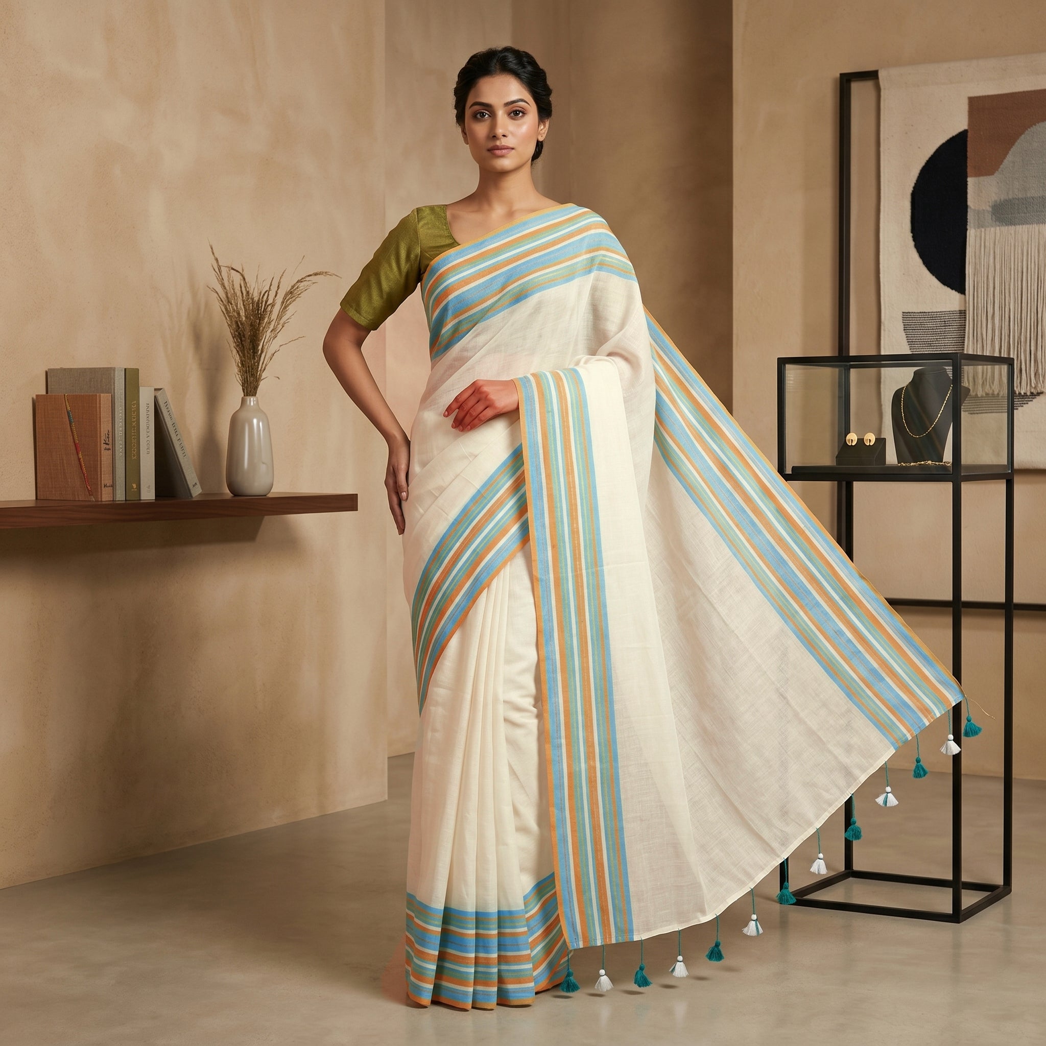 Off White With Multi Colour  Mul Mul Cotton Saree