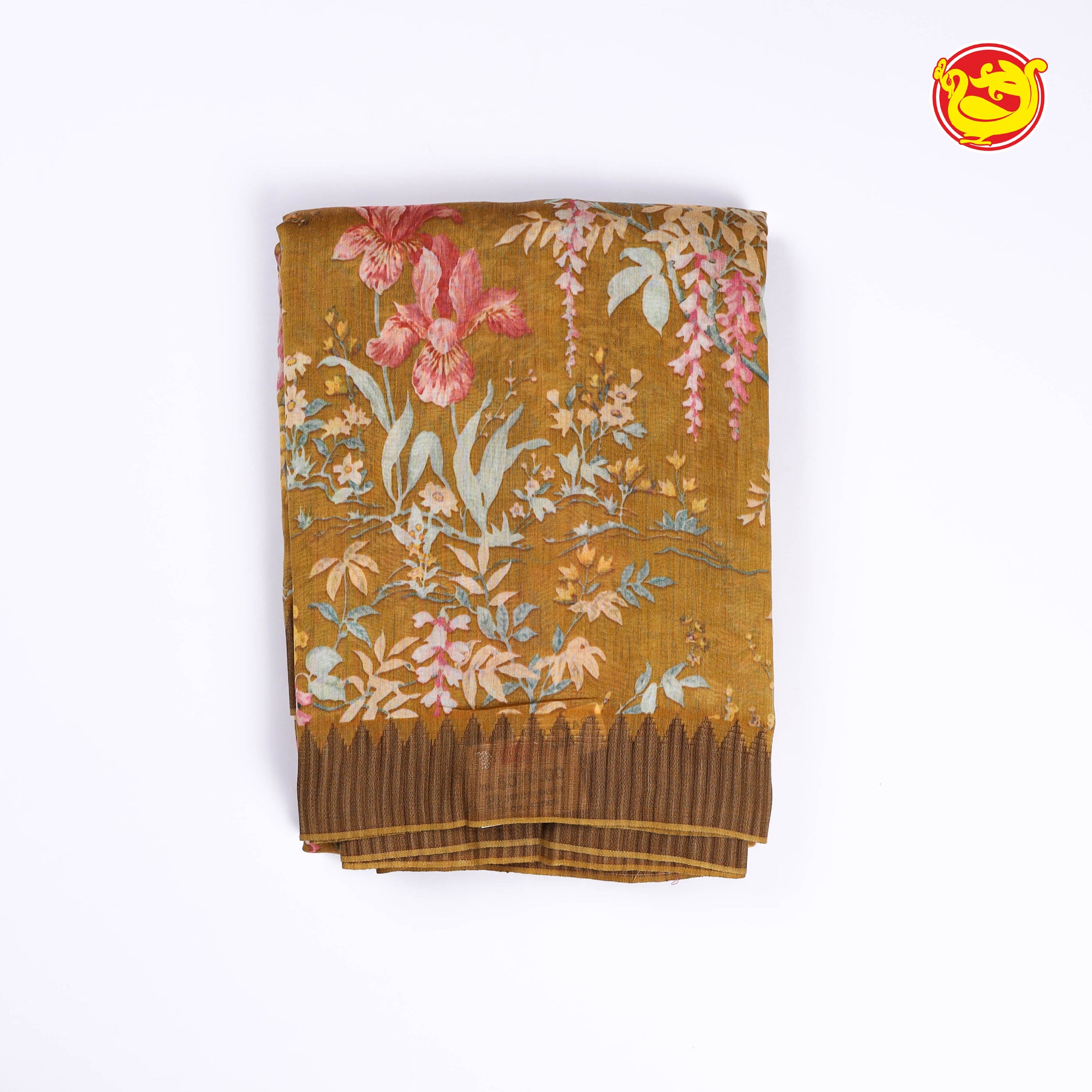 mustard brown chanderi silk saree with digital prints
