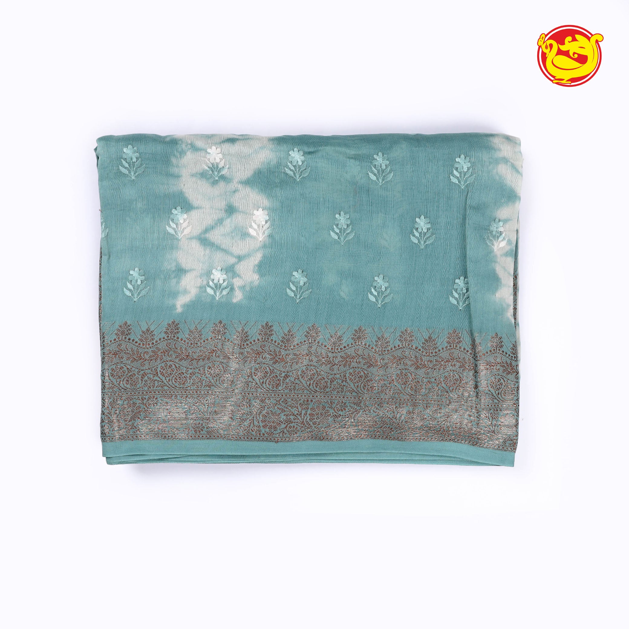 Teal blue chanderi cotton saree with shibori prints
