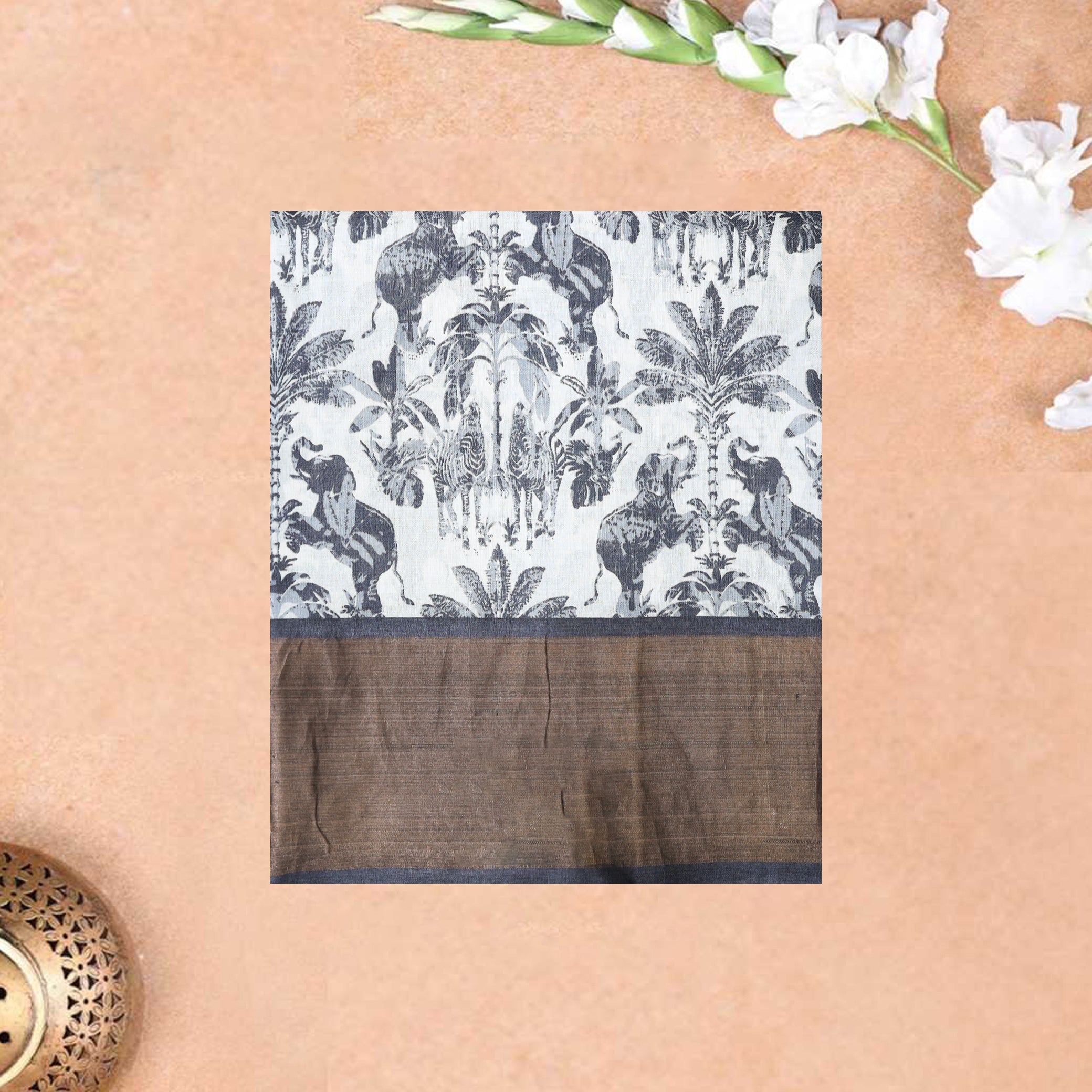 Pure Tussar Silk Saree White and  Grey Shade With Floral Design and Painted Prints and Zari Woven Border