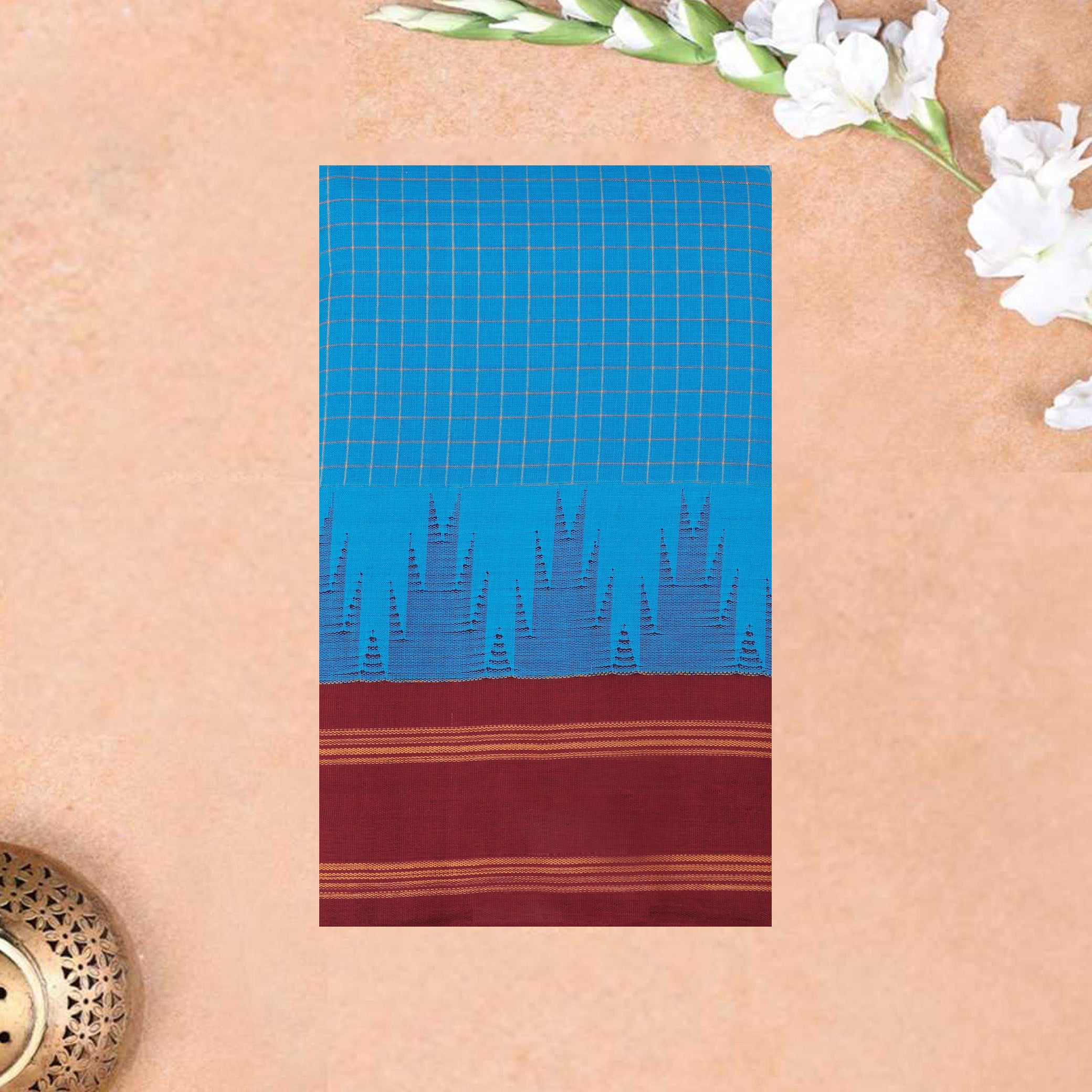 Blue With Maroon  Small Checked Pattern Pure  Cotton Saree without Blous