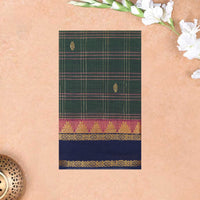 Green With Navy Bloue Small Checked Pattern Pure Cotton Saree without Blous