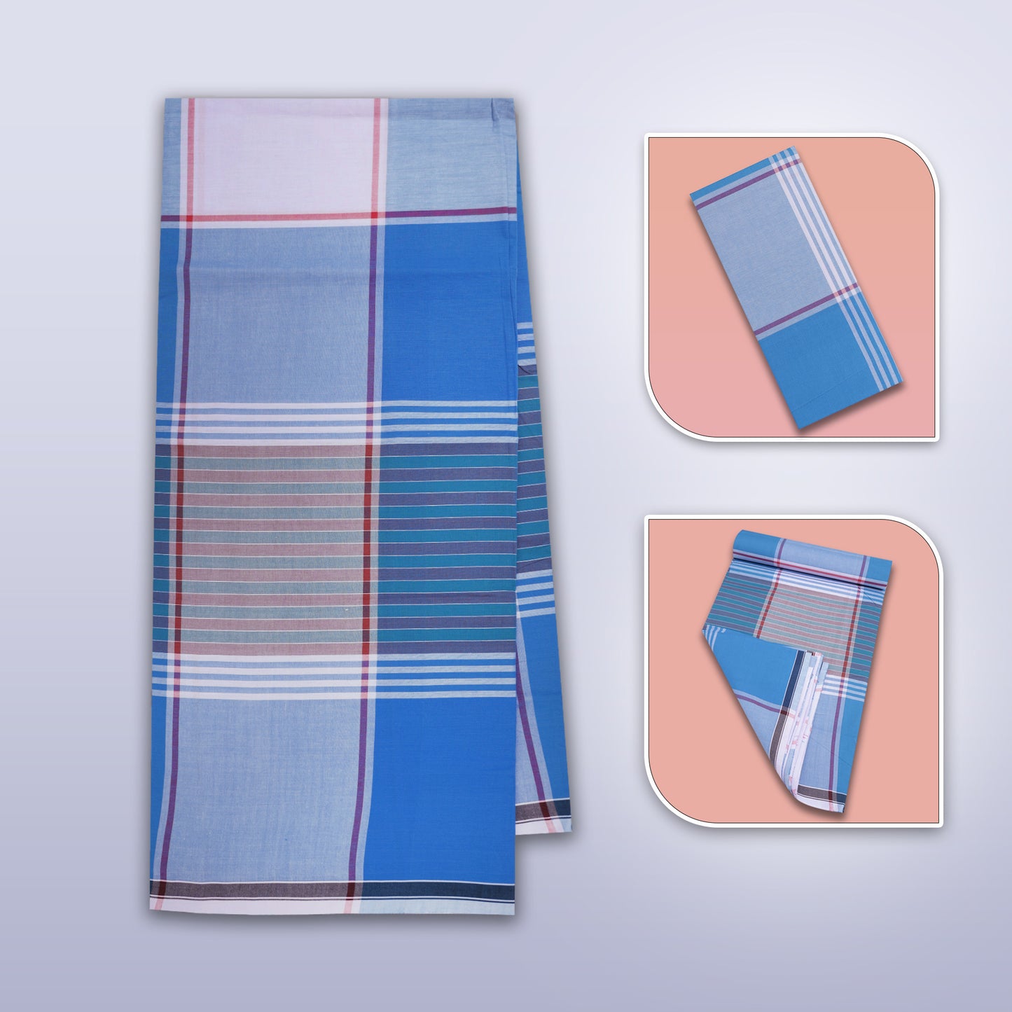 Men’s Royal Blue With Sky Blue Checked Cotton Stitched Lungi