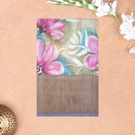 Pure Tussar Silk Saree Multi Colour and Dark Grey With Floral Design and Painted Prints and Zari Woven Border