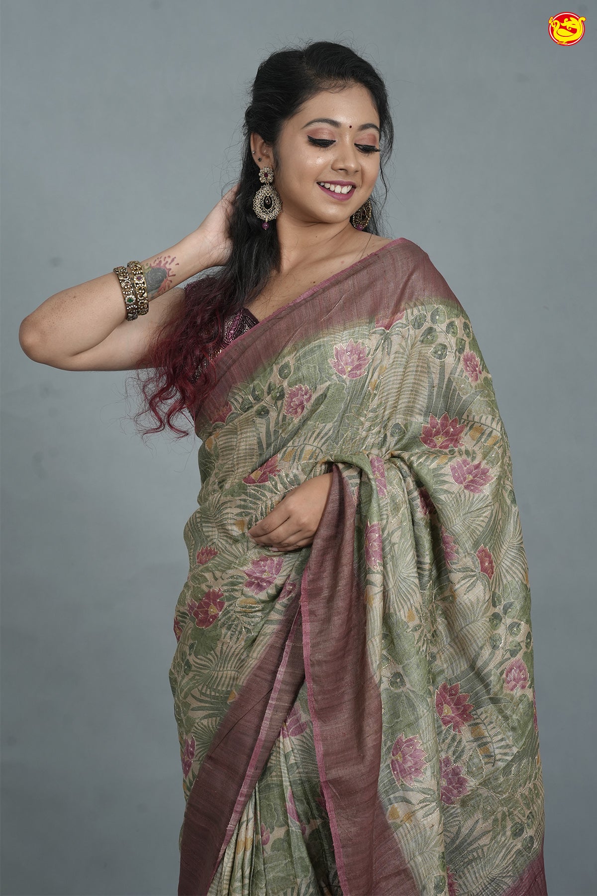 Light Green With Maroon Pure handwoven Tussar silk saree with hand embroidery over digital prints Saree