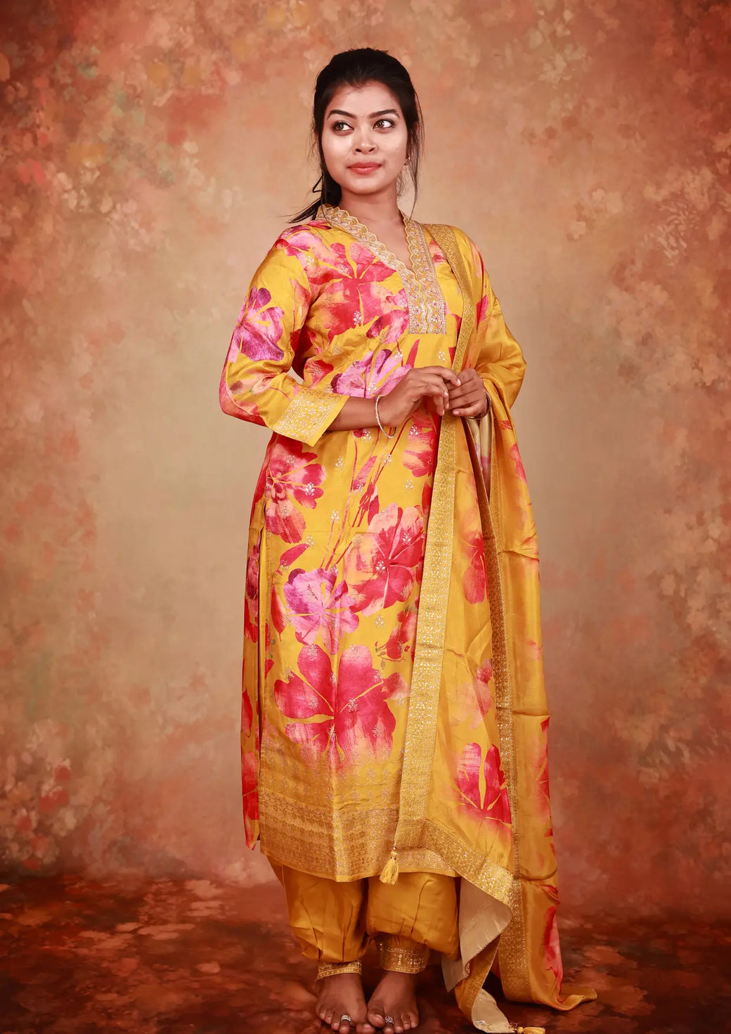 Mustard Yellow With Pink Floral Design Ladies Branded   Straight Cut Churidar