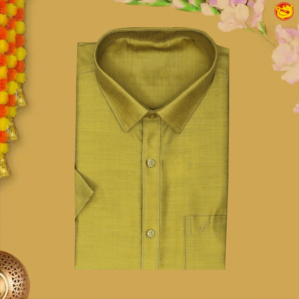 Olive Green With White Dhoti Readymade Shirt And Matching Border Dhoti Set for Men