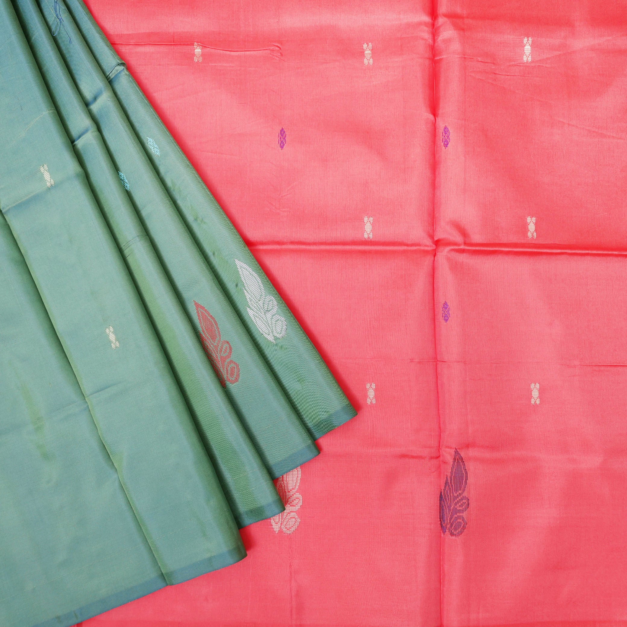 Green With Coral Pallu Banana Pith Saree With Running Blouse