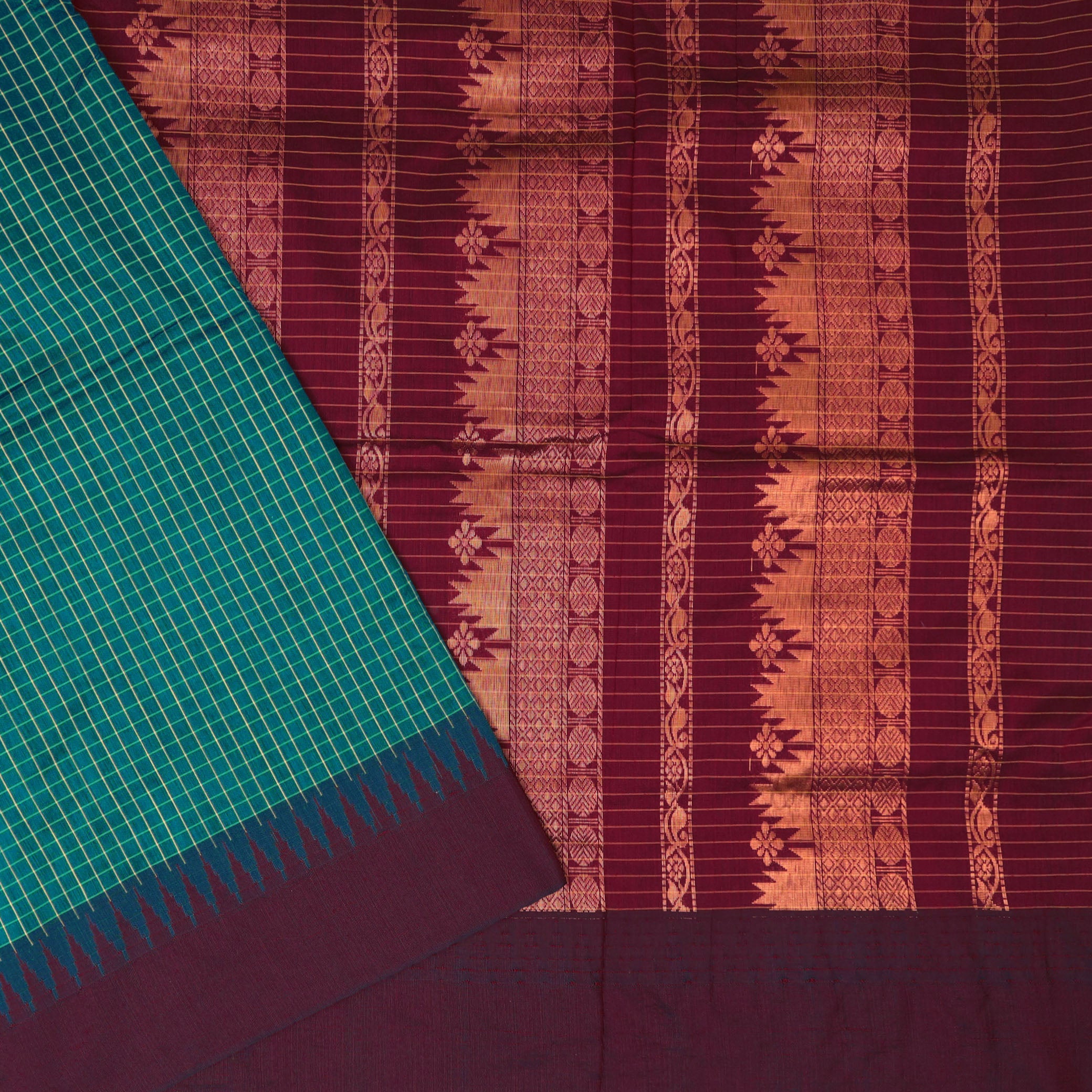 Teal Green With Maroon Premium Quality Kalyani Cotton Saree
