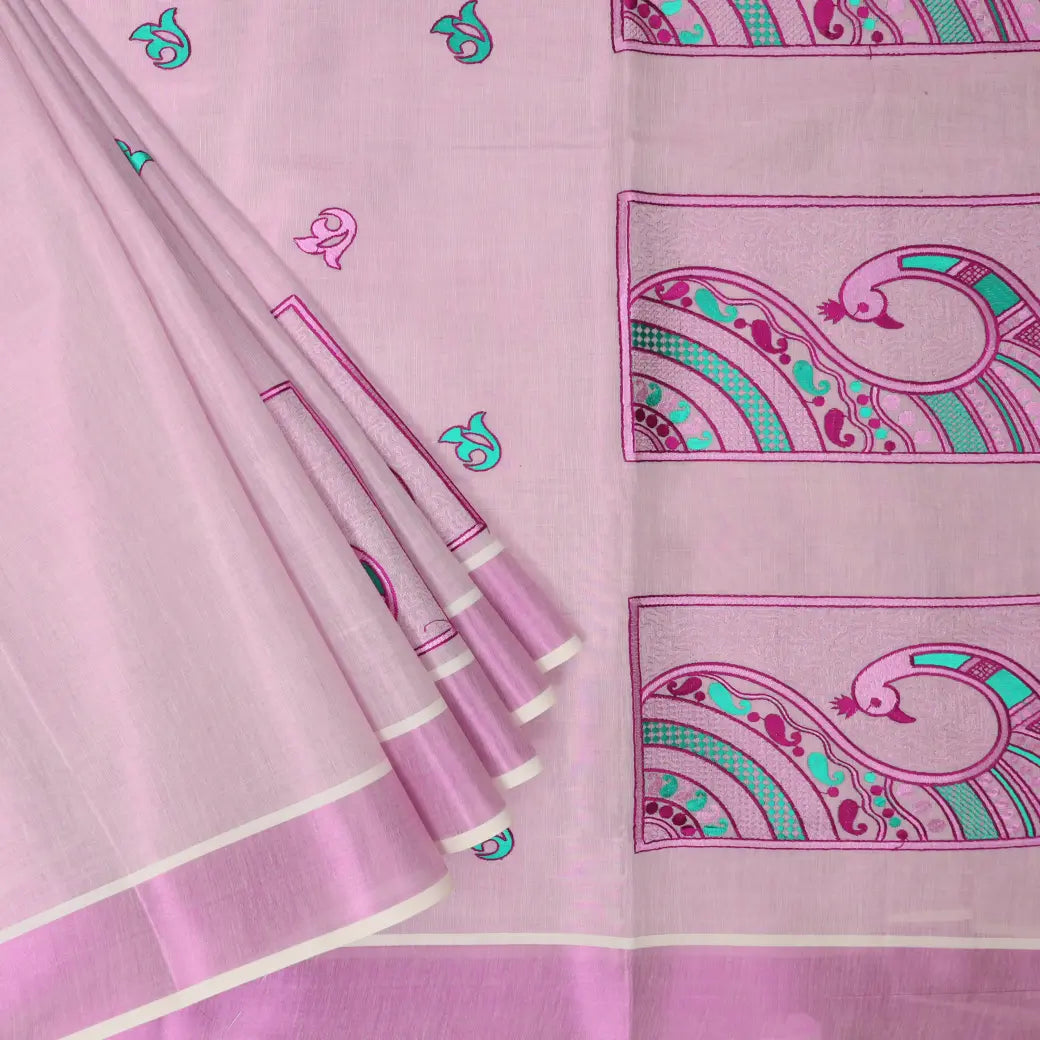 Southloom Exclusive Onam Kerala Traditional Fancy Border Floral Peacock design Cotton Saree (Matching Plain Blouse Included)