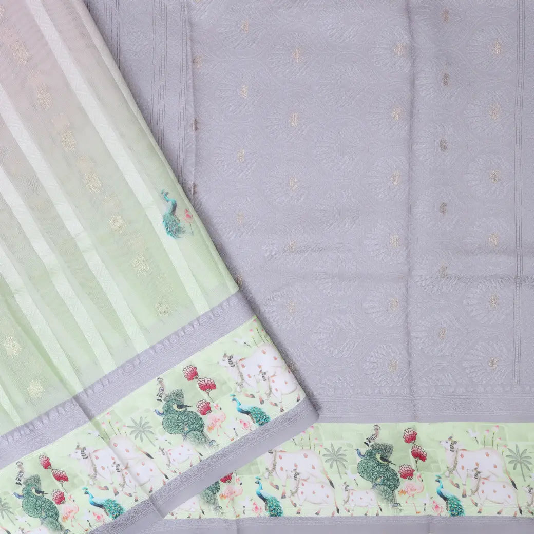 LIGHT GREEN WITH GREY Semi  Burberry Silk Saree