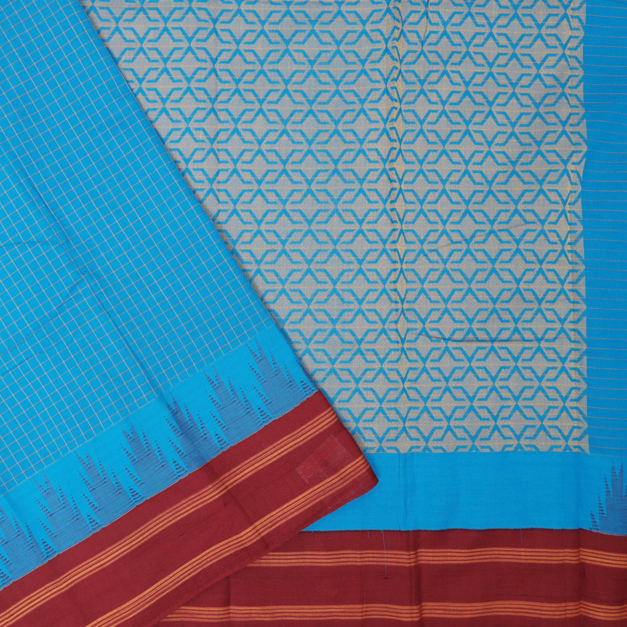 Blue With Maroon  Small Checked Pattern Pure  Cotton Saree without Blous