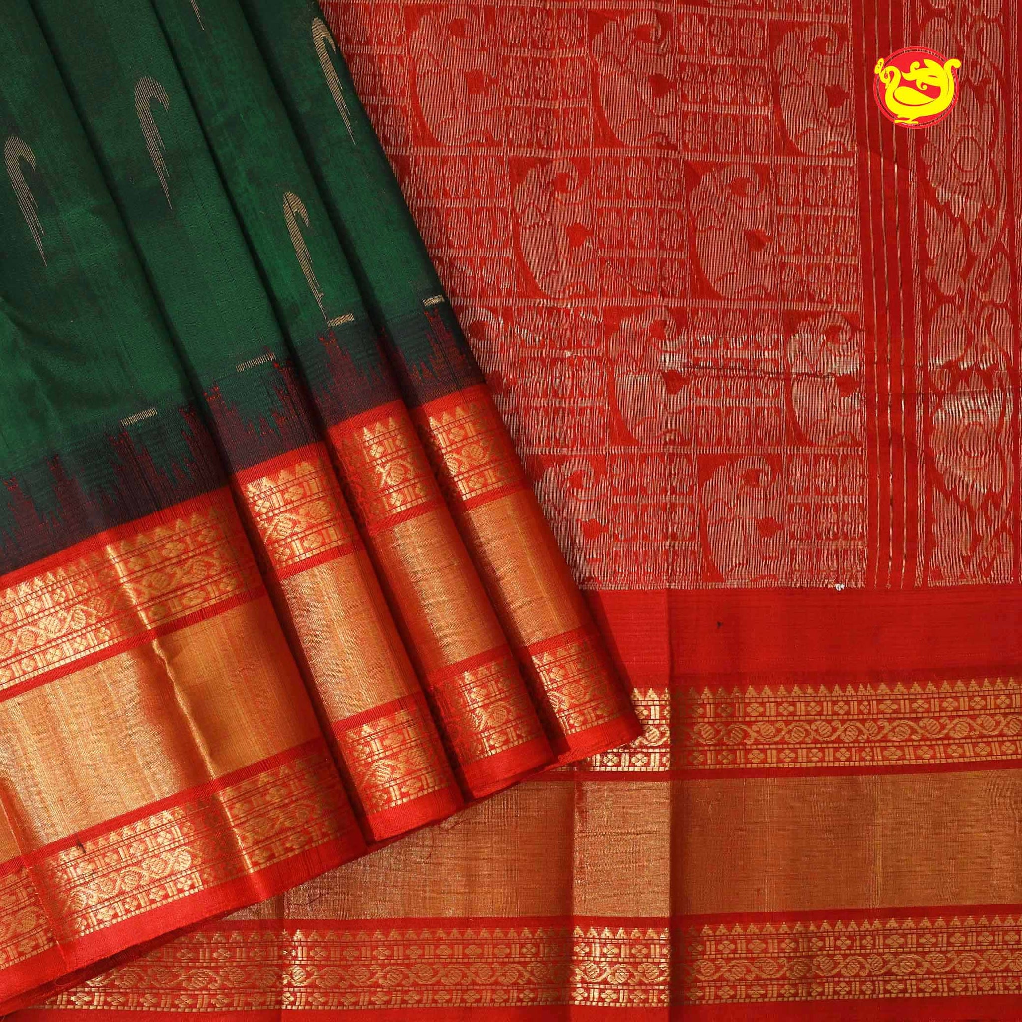 Bottle Green With Red Gold Zari Floral Buttas Pure Silk Cotton Saree