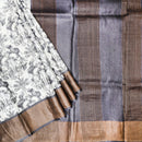 Pure Tussar Silk Saree White and  Grey Shade With Floral Design and Painted Prints and Zari Woven Border