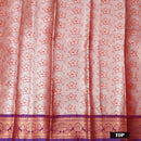Peach Pink With Purple Border Floral Design Traditional  Pattu Pavadai Material