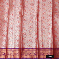 Peach Pink With Purple Border Floral Design Traditional  Pattu Pavadai Material