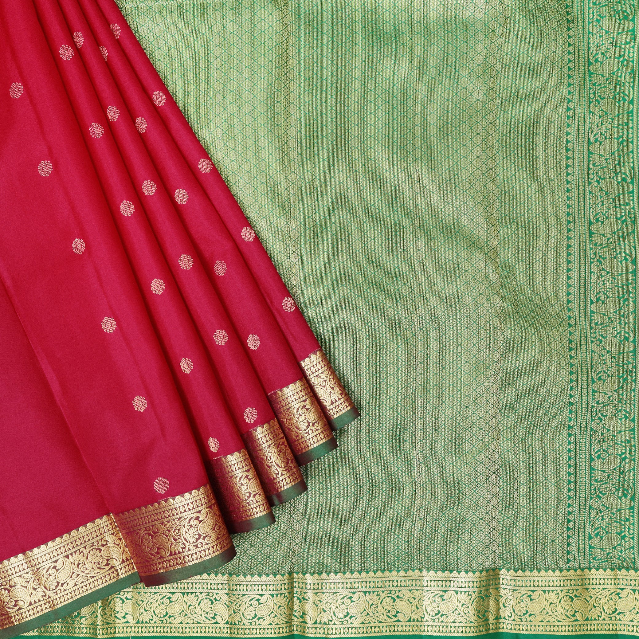 Red With Green Gold Zari Yuvana Semi Soft Silk Saree