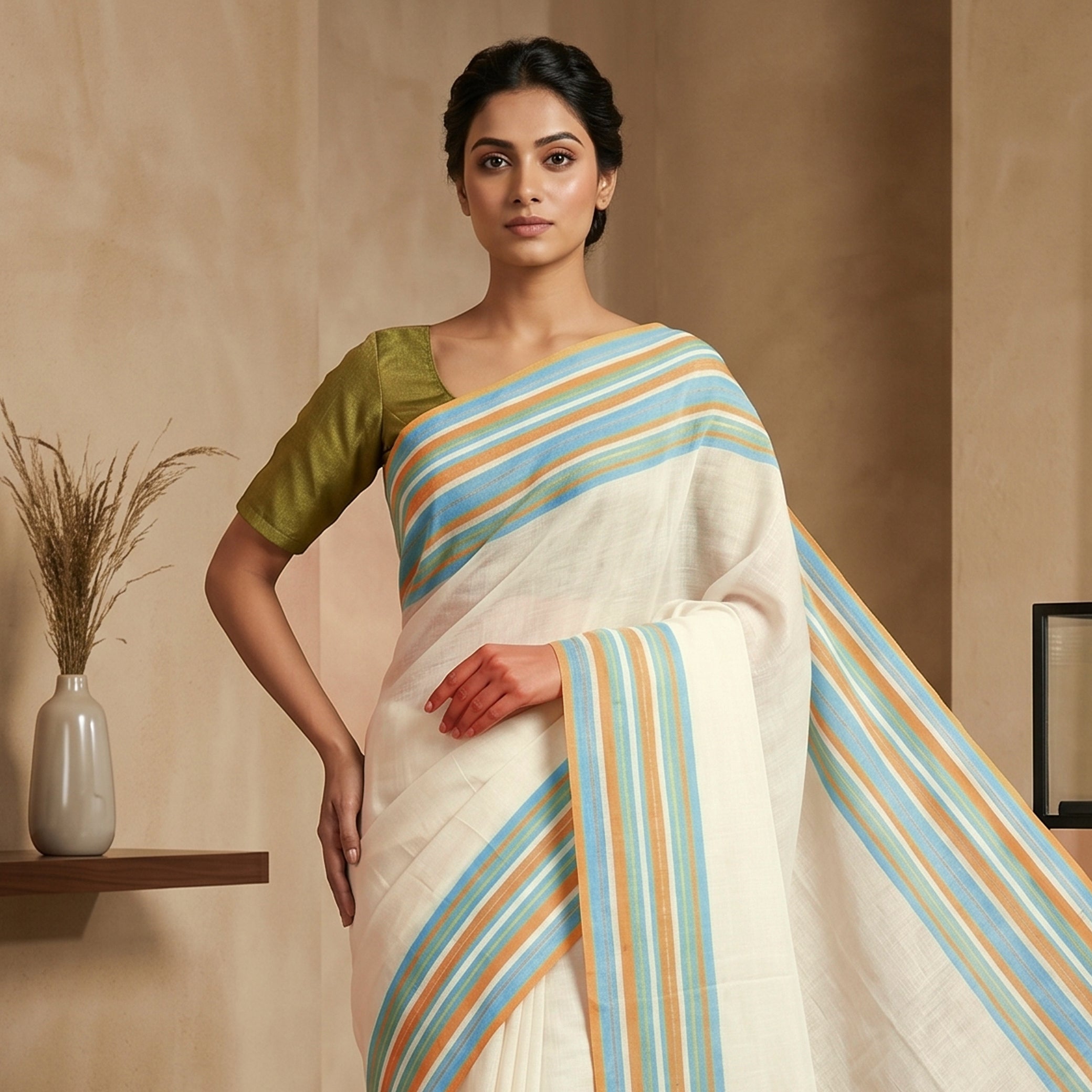 Off White With Multi Colour  Mul Mul Cotton Saree