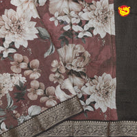 Brown Pure Organza Silk With Gold Zari Border Digital Print Saree - Thenianantham