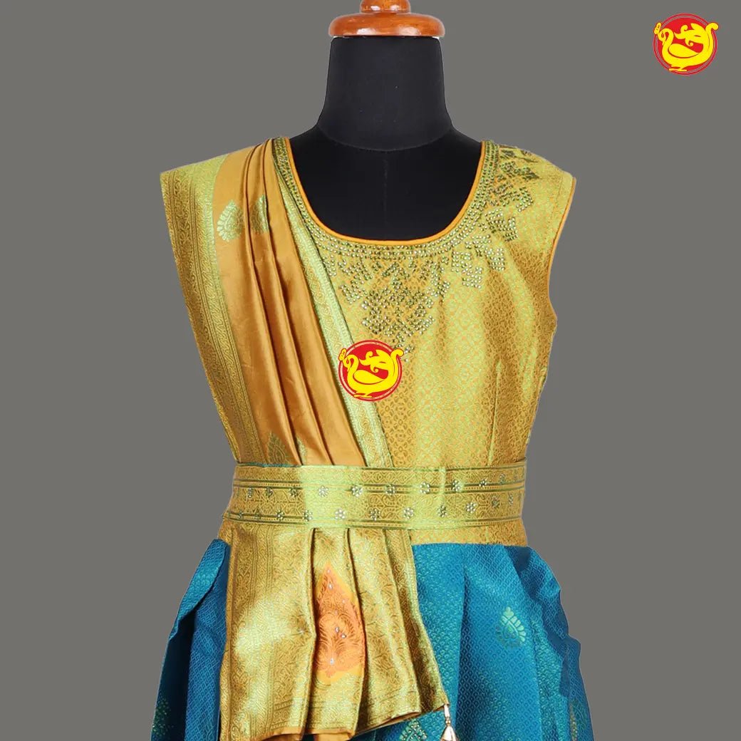 Blue with yellow Girls & Women Branded Readymade Pattu Gown